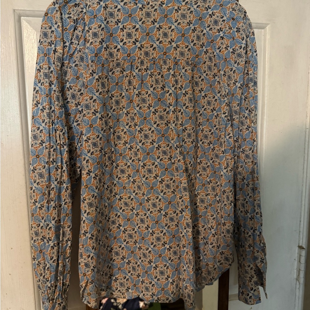 LOFT Women's Geometric Blue and Orange Blouse - Picture 4 of 5